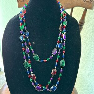 Vintage long beaded ted, green, purple and blue necklace.  ❤️💚💙💜